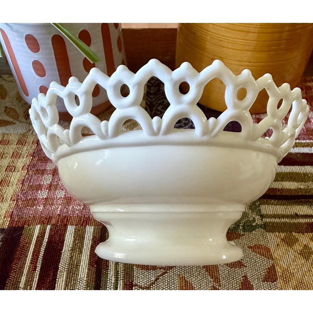 Fenton Milk Glass Open Edge Lattice Bowl, Mid Century Reticulated Fruit Dish